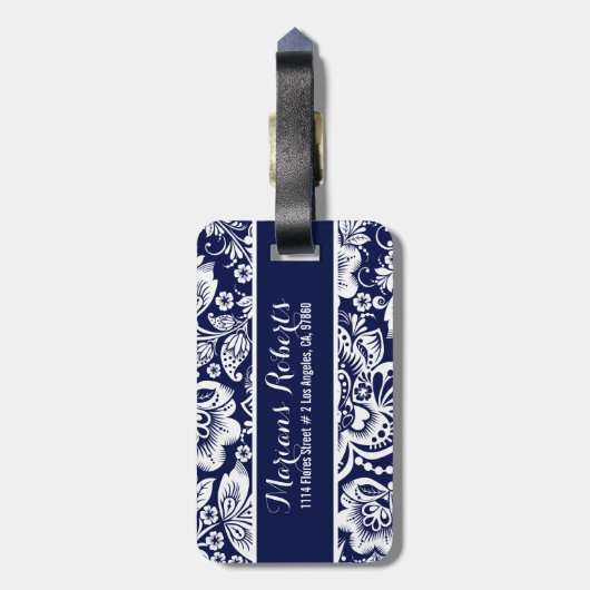 Witte & Navy Blauwe Bloemen Damasks Bagagelabel (Achterkant verticaal)