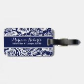 Witte & Navy Blauwe Bloemen Damasks Bagagelabel (Achterkant horizontaal)