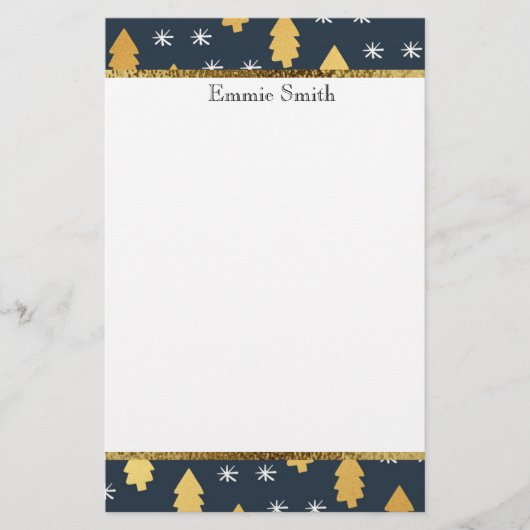 Witte Navy Blauwe en Gouden Kerstboom Briefpapier (Voorkant)