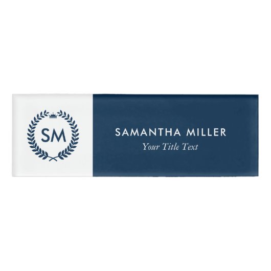 Witte & Navy Blauwe Kam Krans Aangepaste Monogram Naambadge (Voorkant)