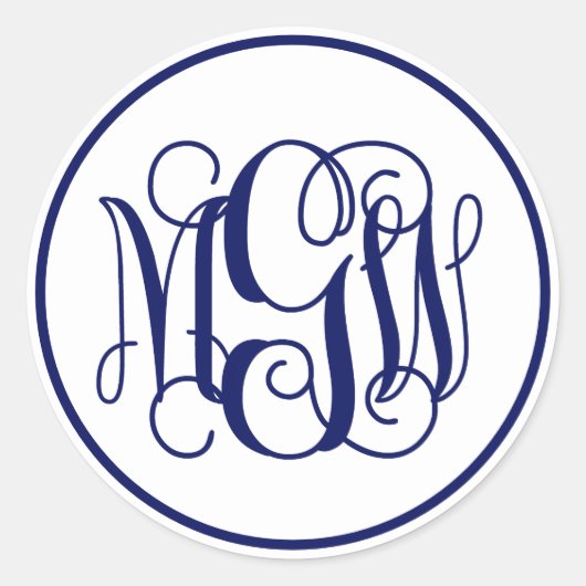 Witte Navy Blauwe Wingerdstok Schrift Monogram, do Ronde Sticker (Voorkant)