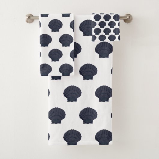 WITTE NAVY BLUE SEASHELL BATHROOM TOWEL SET BAD HANDDOEK (Insitu)