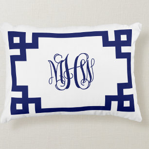 Witte Navy Griekse Sleutel Wingerdschrift Monogram Accent Kussen