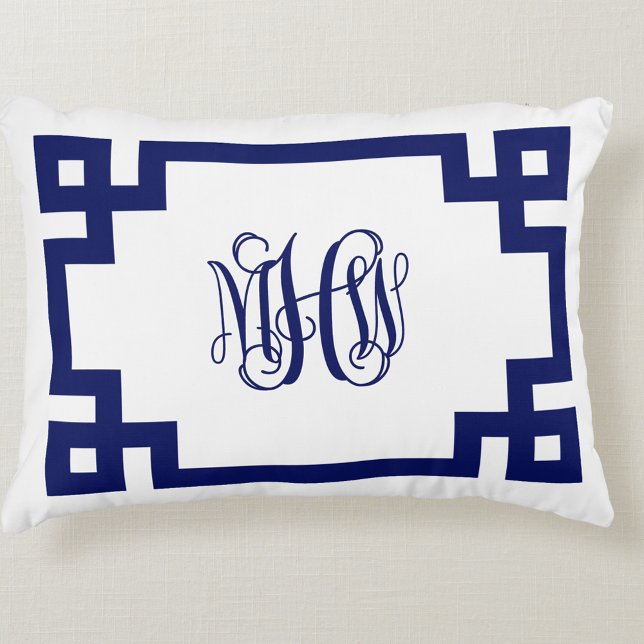Witte Navy Griekse Sleutel Wingerdschrift Monogram Accent Kussen (Creator heeft geüpload)