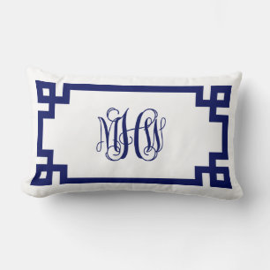 Witte Navy Griekse Sleutel Wingerdschrift Monogram Kussen