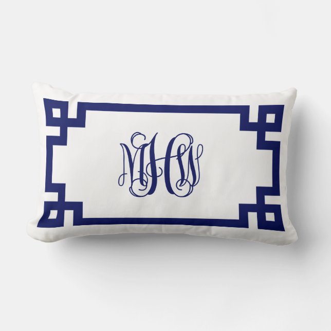 Witte Navy Griekse Sleutel Wingerdschrift Monogram Kussen (Voorkant)