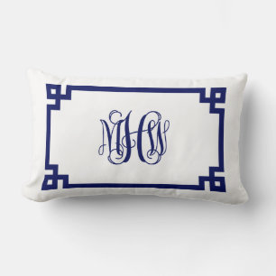 Witte Navy Griekse Sleutel Wingerdschrift Monogram Kussen