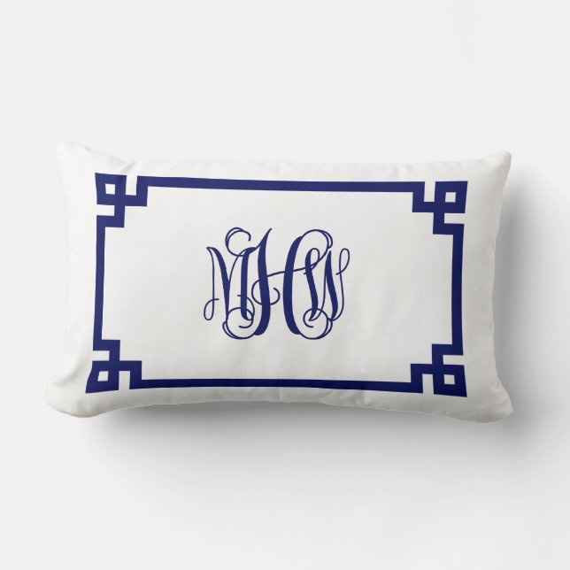 Witte Navy Griekse Sleutel Wingerdschrift Monogram Kussen (Voorkant)