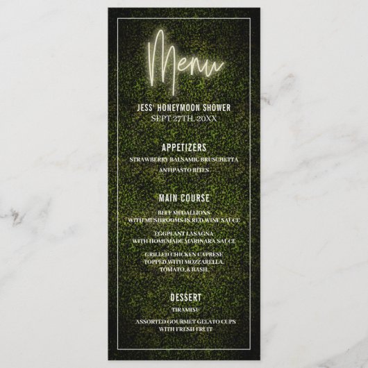 Witte Neon Boxwood Greenery Party Douche Trouwen Menu (Voorkant)