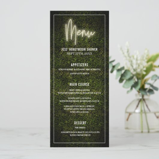 Witte Neon Boxwood Greenery Party Douche Trouwen Menu (Staand voorkant)