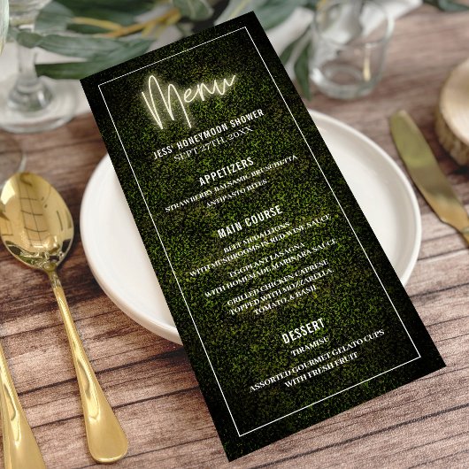 Witte Neon Boxwood Greenery Party Douche Trouwen Menu