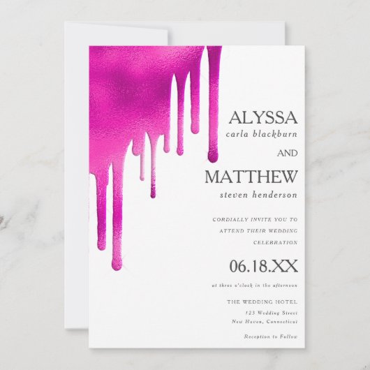 Witte neon roze waterverf gradiënt druppels bruilo kaart (Voorkant)