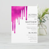 Witte neon roze waterverf gradiënt druppels bruilo kaart (Staand voorkant)