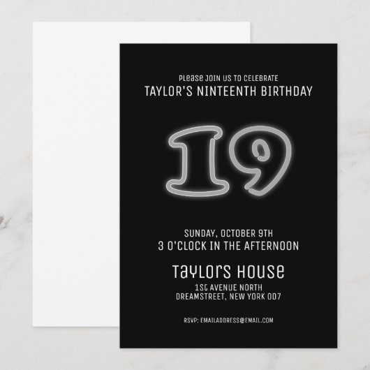 Witte Neon Teken 19e Trendy Verjaardagsfeest Kaart (Voorkant / Achterkant)