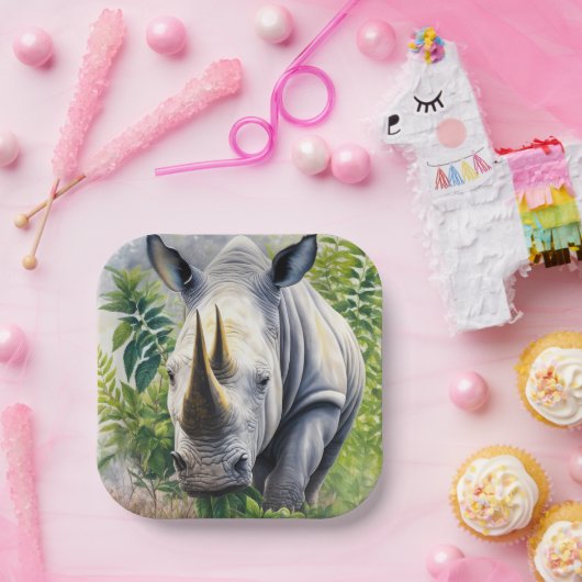 Witte neushoorn botanische kunst papieren bordje (Feest)