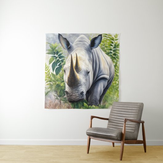 Witte neushoorn botanische schilderij wandkleed (In situ)