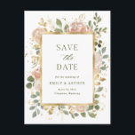 Witte neutrale Floral | Weddenschap Save the Date Briefkaart<br><div class="desc">Deze prachtige,  florale bruiloft bewaarde het date briefkaart met een elegant,  gouden rechthoekig lijst omgeven door mooie roestachtige waterverf bloemen in neutrale en blote tinten,  en gouden en groene bladeren. De achtergrond van het briefkaart is wit. De rug kenmerkt een passend floreel ontwerp,  en ruimte voor een extra bericht.</div>