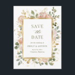 Witte neutrale Floral | Weddenschap Save the Date Briefkaart<br><div class="desc">Deze prachtige,  florale bruiloft bewaarde het date briefkaart met een elegant,  gouden rechthoekig lijst omgeven door mooie roestachtige waterverf bloemen in neutrale en blote tinten,  en gouden en groene bladeren. De achtergrond van het briefkaart is wit. De rug kenmerkt een passend floreel ontwerp,  en ruimte voor een extra bericht.</div>