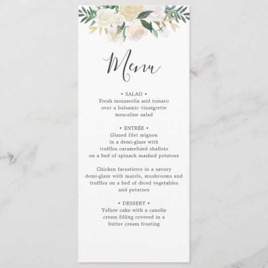 Witte Neutrale Waterverf Bloemen Bruiloft Menu (Voorkant)