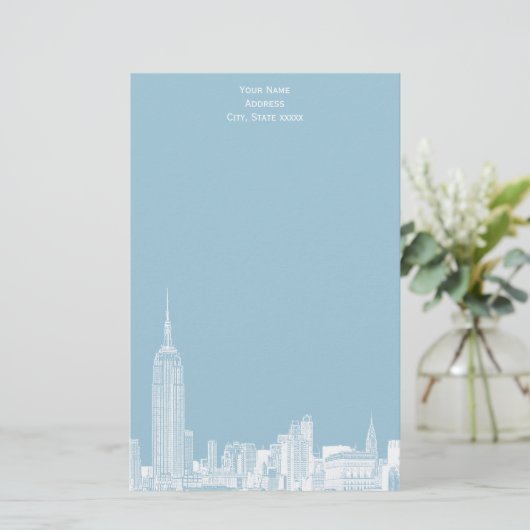 Witte NYC Skyline Etch 01 Briefpapier LT Blauw BG (Staand voorkant)