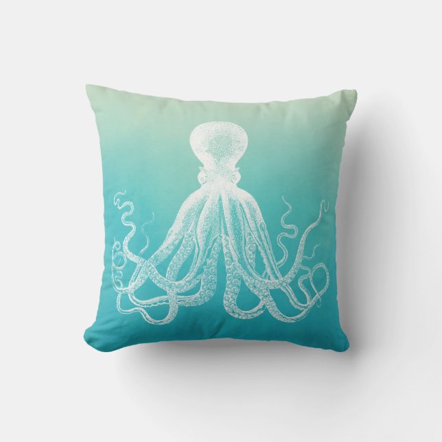  witte octopus Aqua Blue Ombre Waterverf Kussen (Voorkant)