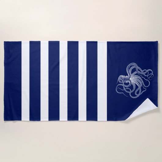 Witte octopus met blauwe en witte strepen strandlaken (Voorkant)