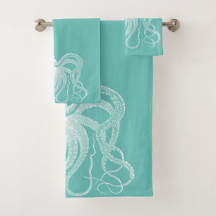 Witte octopus-nautische illustratie op blauw-groen bad handdoek