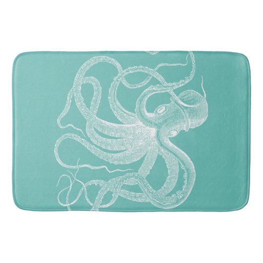 Witte octopus-nautische illustratie op blauw-groen badmat (Voorkant)