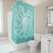 Witte octopus-nautische illustratie op blauw-groen douchegordijn (In situ)