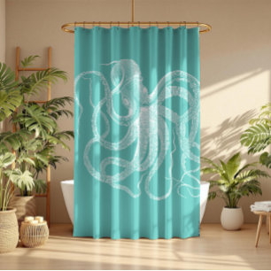Witte octopus-nautische illustratie op blauw-groen douchegordijn