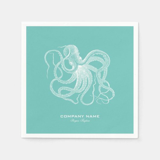 Witte octopus-nautische illustratie op blauw-groen servet (Voorkant)