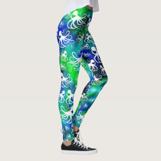 Witte octopus op blauw groen - Leggings