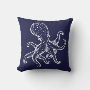Witte octopus op de zee blauw-nautisch buitenkussen