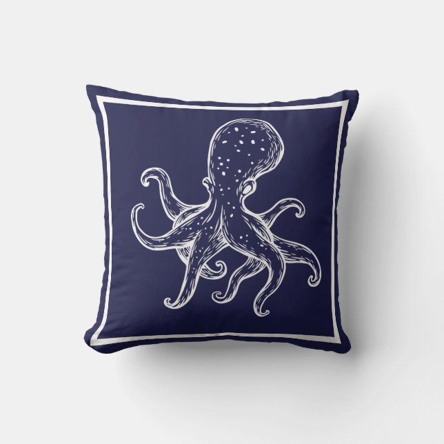 Witte octopus op de zee blauw-nautisch buitenkussen (Voorkant)