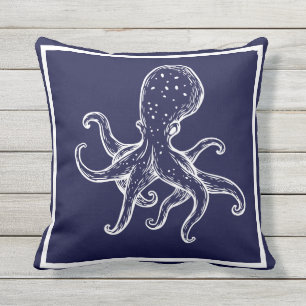 Witte octopus op de zee blauw-nautisch buitenkussen