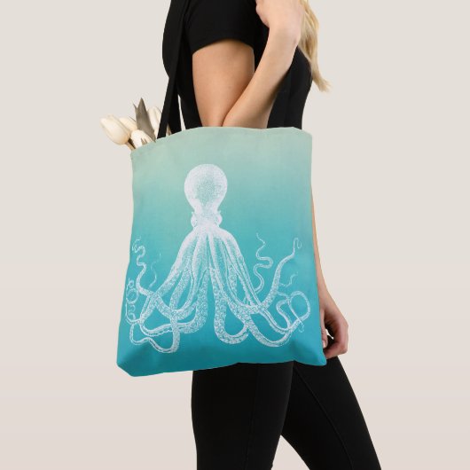 witte octopus Waterverf Aqua Blue Ombre Tote Bag (Dichtbij)