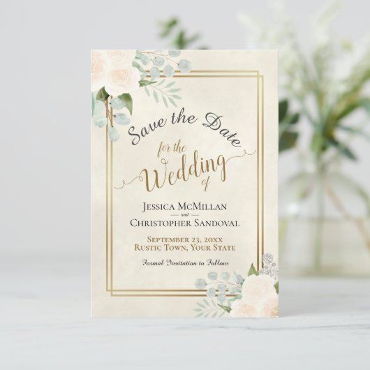 Witte of Peach Rozen & Eucalyptus Boho Wedding Save The Date (Staand voorkant)