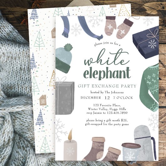 Witte olifant Cozy Winter Gift Exchange Party Kaart