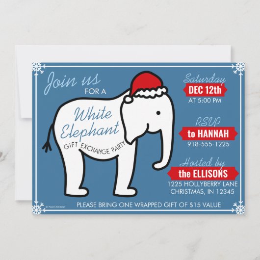 Witte Olifant Feestje Kerst (Blauw) Uitnodiging (Voorkant)