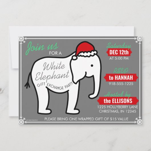 Witte Olifant Feestje Kerst (Grijs) Uitnodiging (Voorkant)