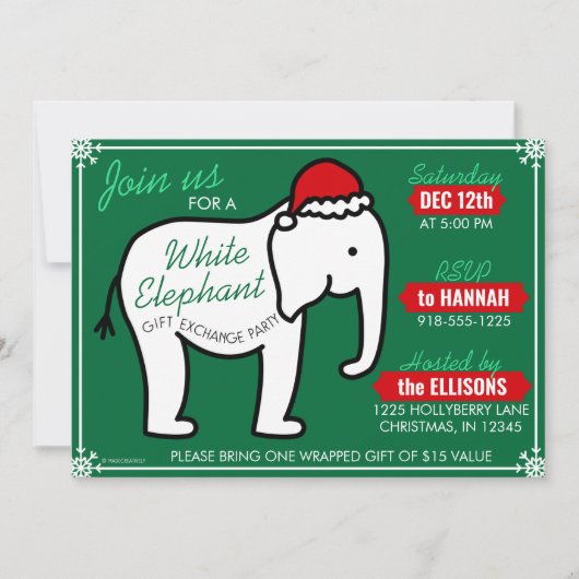 Witte Olifant Feestje Kerst (Groen) Uitnodiging (Voorkant)