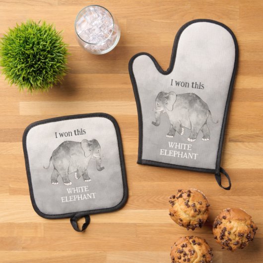 Witte Olifant Grap Geschenk Ovenwant & Pannenlap Set (Top down)