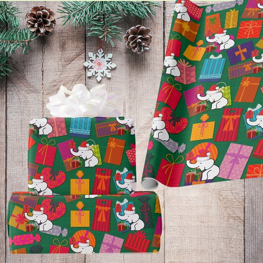 Witte Olifant Kerst Presents Groene Achtergrond Cadeaupapier