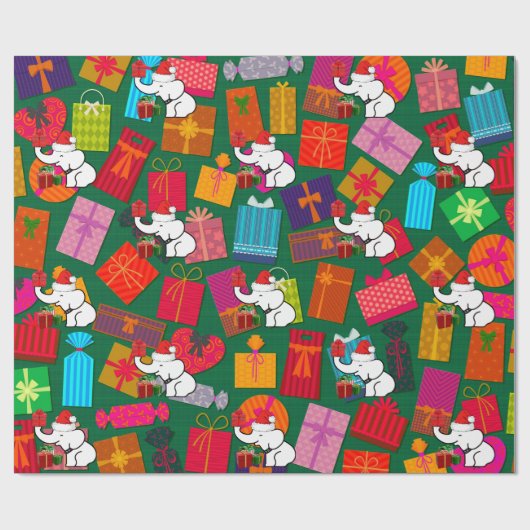 Witte Olifant Kerst Presents Groene Achtergrond Cadeaupapier (Vlak)