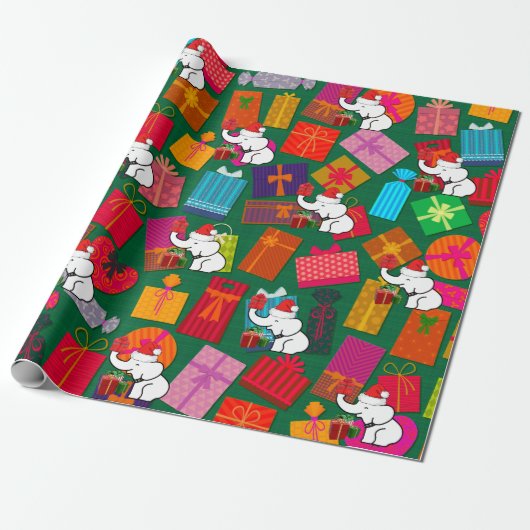 Witte Olifant Kerst Presents Groene Achtergrond Cadeaupapier (Uitgerold)