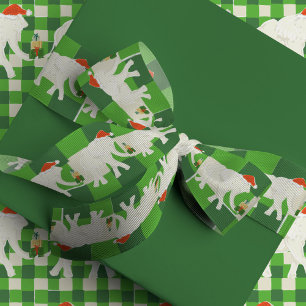 Witte Olifant Kerstfeest met Groen Geruit Motief Grosgrain Lint