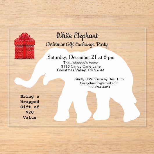 Witte Olifant Kerstmis Diamant Patroon Terug Acryl Uitnodigingen (Voorkant)