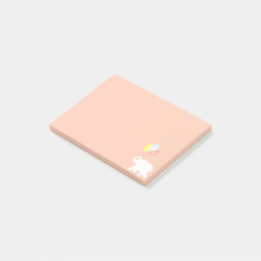 Witte olifant met ballonnen op koraalroze post-it® notes (Schuin)