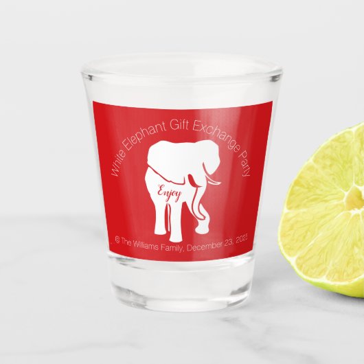 Witte olifant op rode achtergrond aangepaste tekst shot glas (Voorkant)