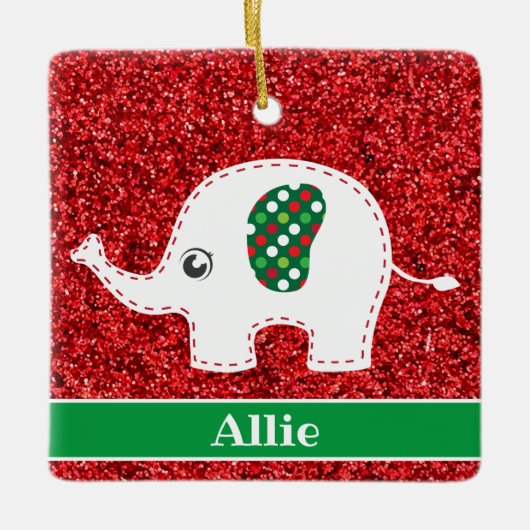 Witte olifant rode glitterkeramische sierbloem keramisch ornament (Voorkant)